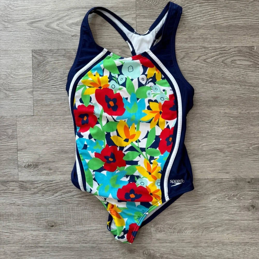 Speedo Girls Size 12 One Piece Swimsuit Floral Navy Blue‎ Racerback Athletic